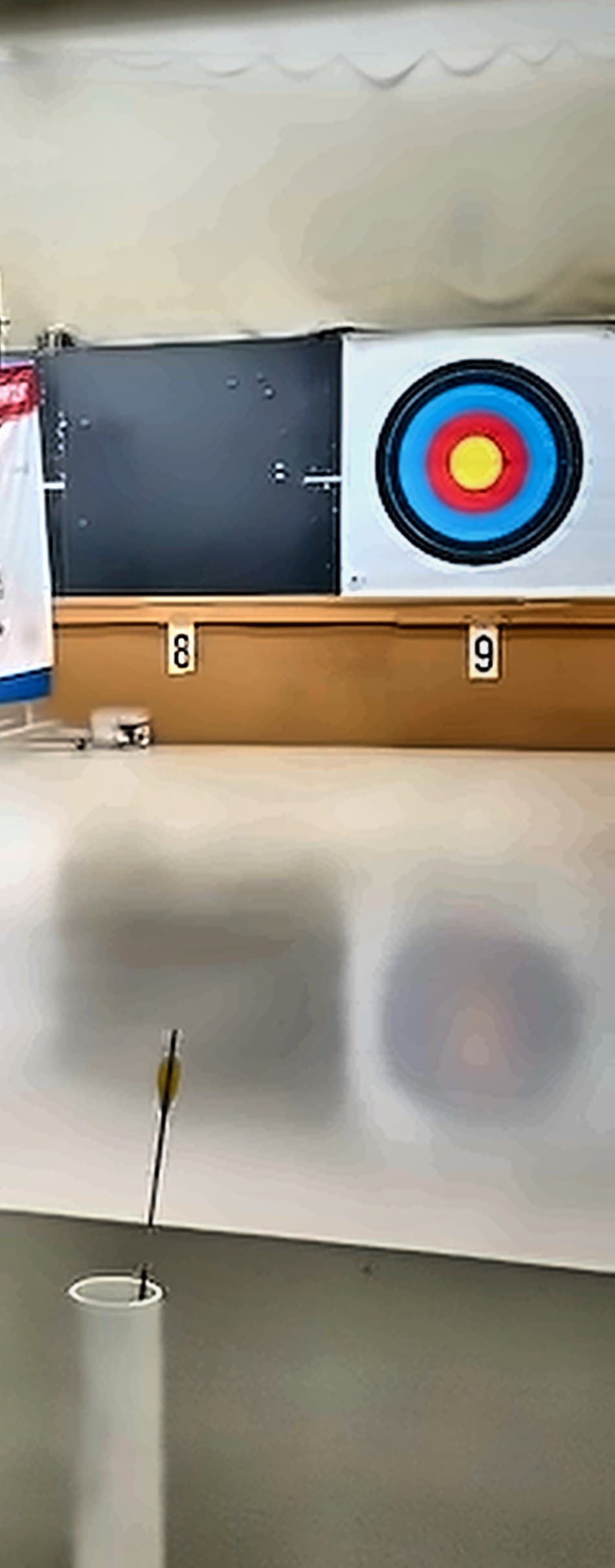 An outdoor archery range with target butts in the distance.